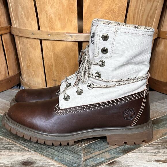 Timberland Earthkeepers Fold Down Canvas Brown Leather Waterproof Boots Womens 6 - Picture 2 of 13